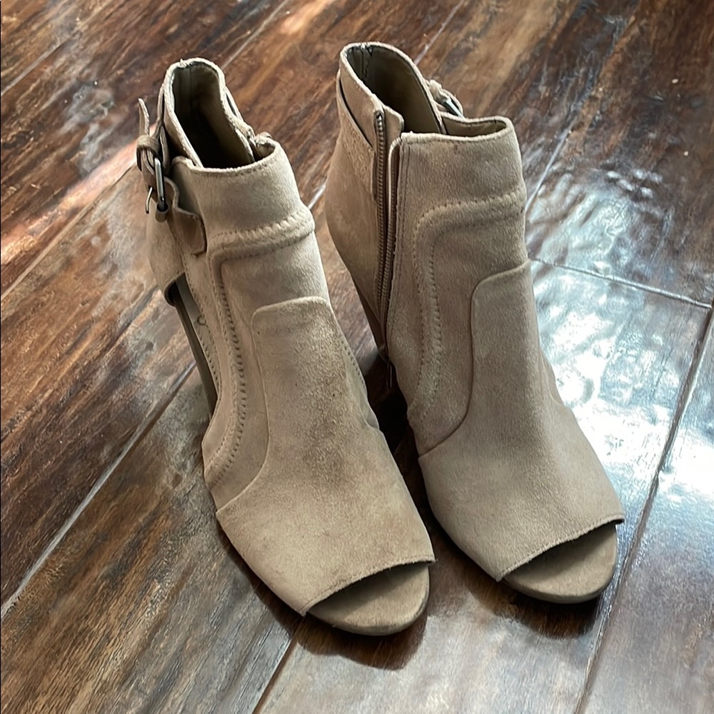 Vince Camuto Beige Suede Peep-Toe Ankle Booties